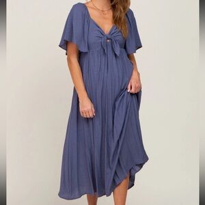 Ott Blue Chambray Front Tie Ruffle Sleeve Maternity Midi Dress Large EUC